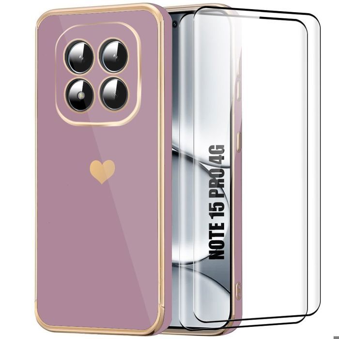 Coque pour Xiaomi Redmi Note 15 Pro 4G, Protection Silicone Motif Cœur - Violet - 2 Verres Trempés