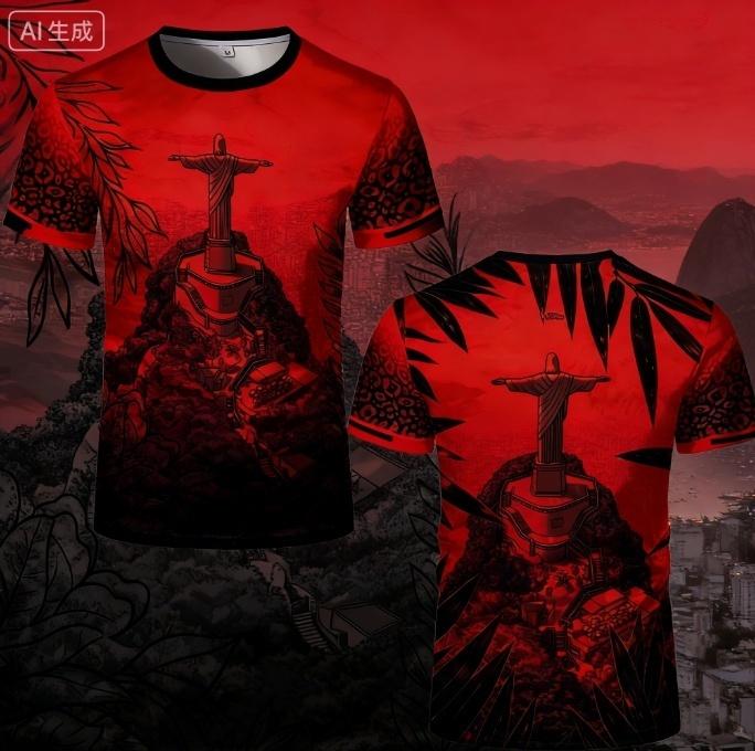 Fashion Casual Short-sleeve T-shirt with Brazil Jesus Statue Print On Front and Back for Daily Travel Wear