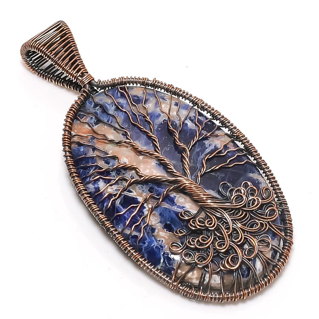 Lebensbaum Sodalith Anhänger, Handgefertigter Edelstein 999 Kupferdraht Wickelanhänger Antikschmuck, Zum Geschenk Kupferschmuck