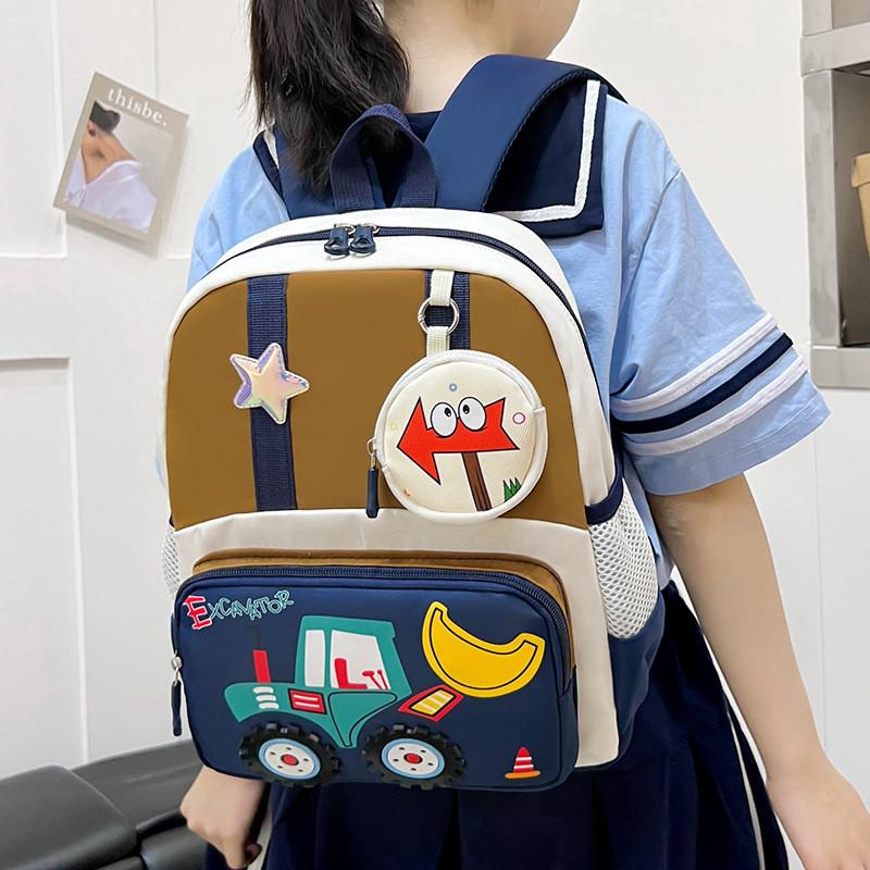 School Kids Bag With Cartoon Car Prints And Star Decor For Daily Kindergarten