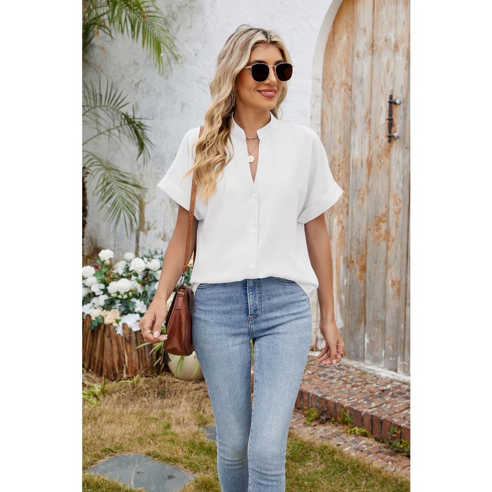 Sommer Neue Einfarbig V-ausschnitt Lose Kurzarm Button-Down Chiffon Hemd