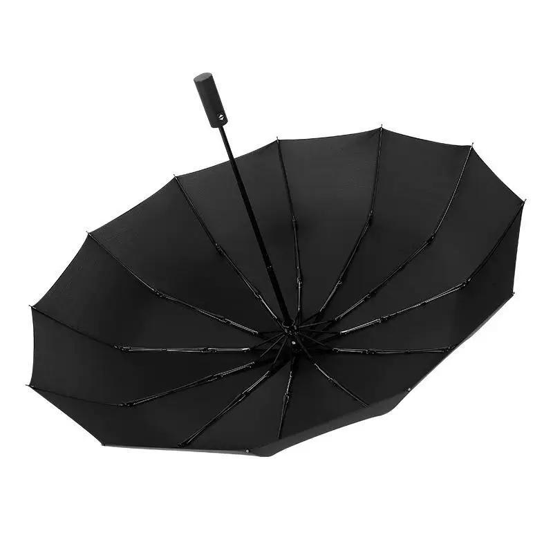 12-Rib Black Rubber Fully Automatic Folding Umbrella for Sun and Rain, Bulk Quantity, 70% off Sunshade Umbrellas with Logo Printing, Gift and