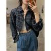 Kumikumi Retro Contrast Color Plaid Lapel Shirt Coat Women's Clothing Autumn Loose Long Sleeve Shirt Short Tops