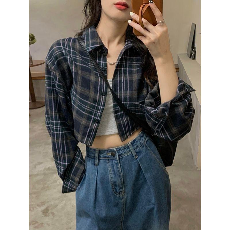 Kumikumi Retro Contrast Color Plaid Lapel Shirt Coat Women's Clothing Autumn Loose Long Sleeve Shirt Short Tops