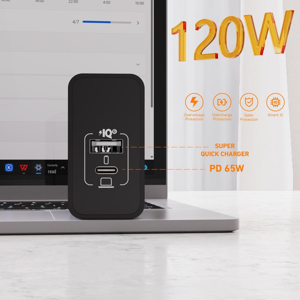 120W GaN Charger with EU/UK Plugs - 65W Ultra-Fast Charging for Laptops