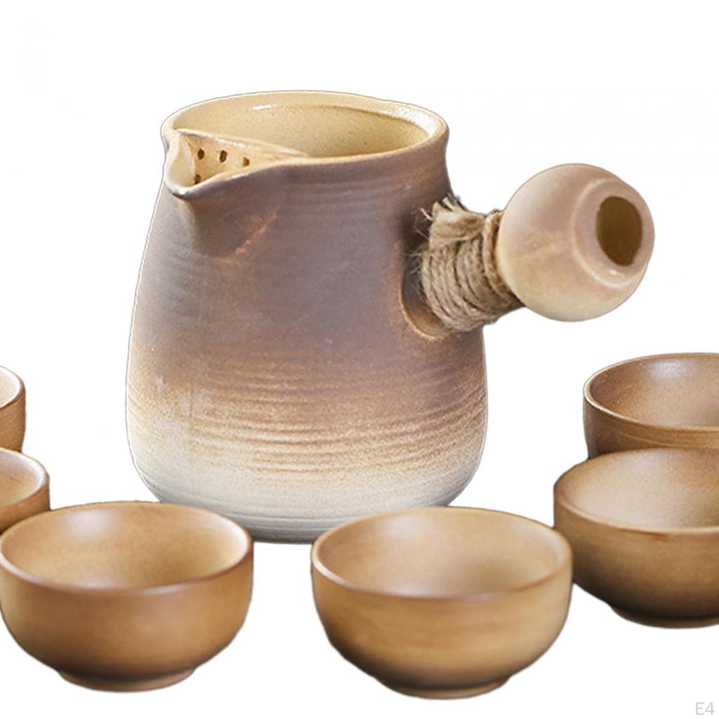 Ceramic Teapot and 6 Cups Tea Maker Chinese Traditional with Rope Wrapped Handle Infuser