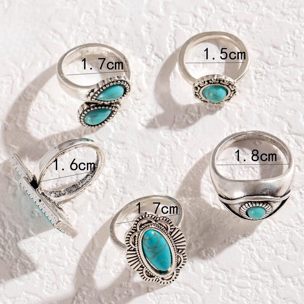 European and American Ethnic Style Carved Feather turquoise Ring Retro Personality Ring Set Combination Ring Set