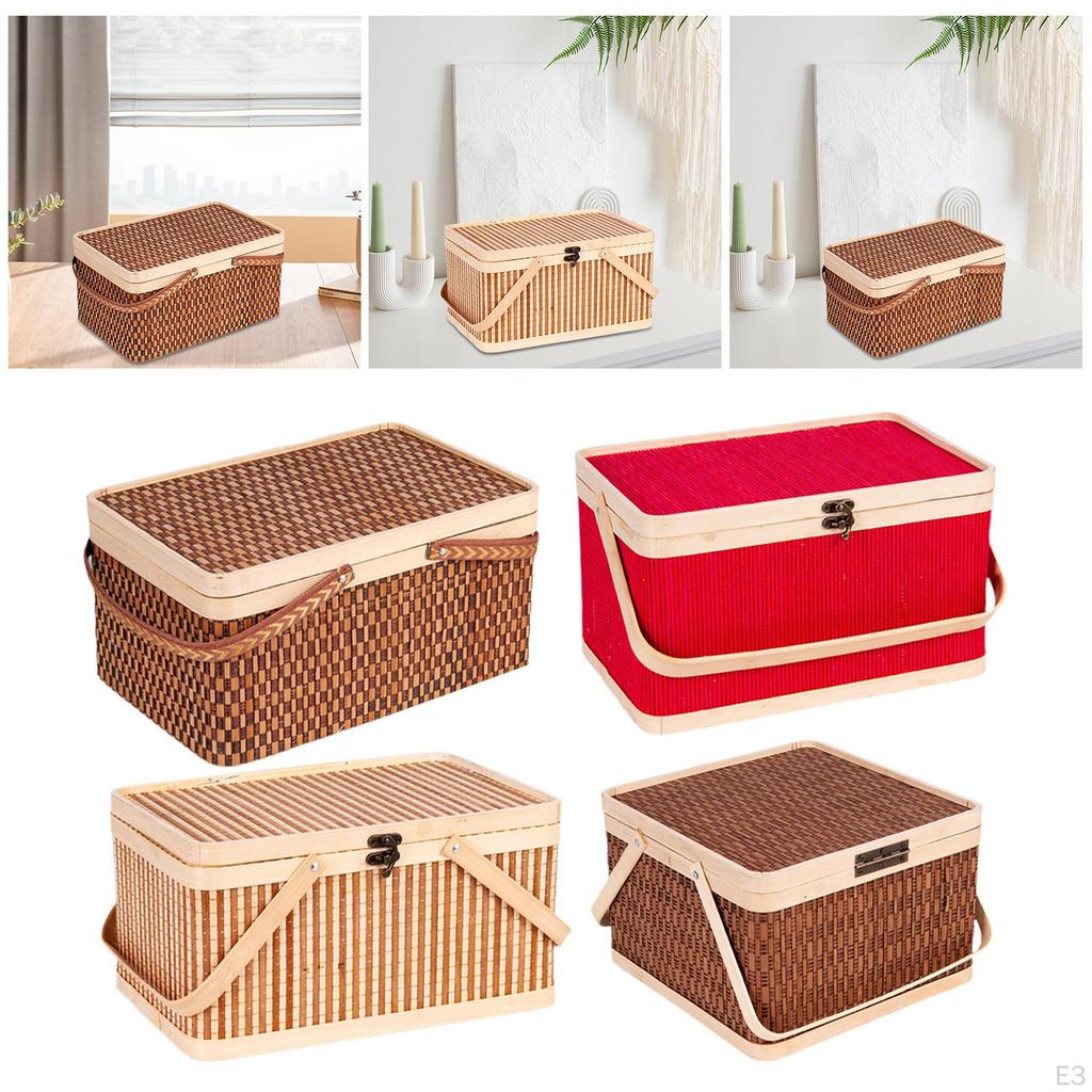 Bamboo Basket Woven Picnic Egg Storage Holder Sturdy Portable with Lid and Handle for Bread
