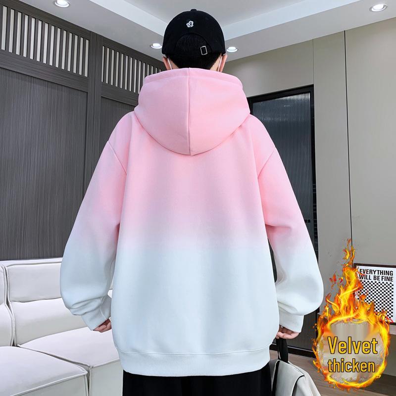 Men's Fleece-Lined Gradient Crew Neck Long-Sleeve T-Shirt: Loose, Casual, Trendy Style for Teenagers—Perfect for Autumn and Winter.