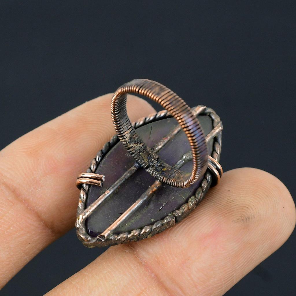 Amethyst Gemstone Copper Wire Wrapped Handmade Jewelry Ring For Gift