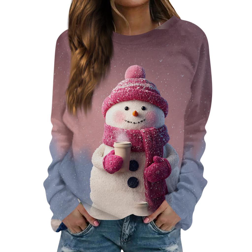 Women's Fashionable Casual Long-sleeved Retro Christmas Snowman Print Round Neck Top