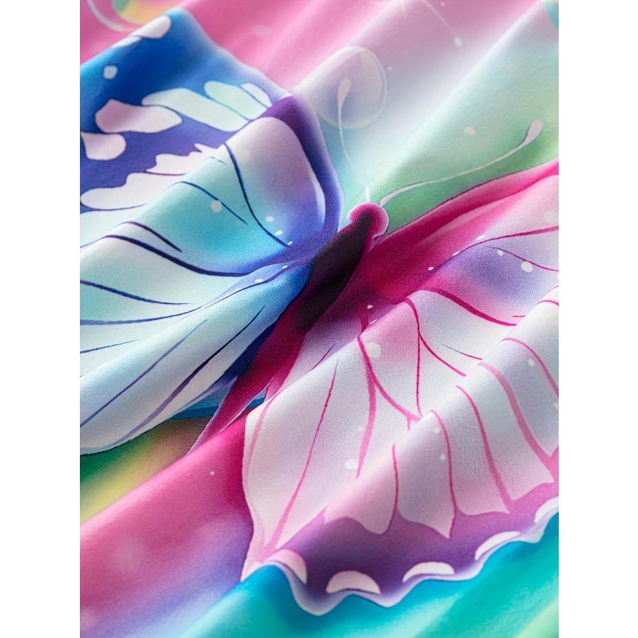 Plus Size Casual T-shirt, Women's Plus Colorful Butterfly Print Short Sleeve V Neck Medium Stretch Top