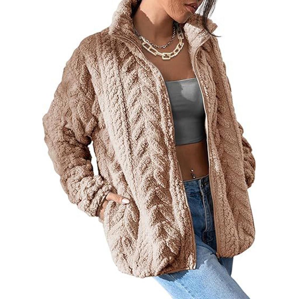 Women's Casual Zipper Knitted Stand Collar Sweater Long Sleeve Warm Coat