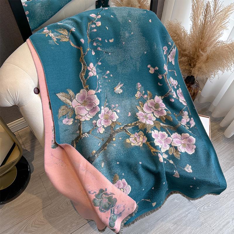 Autumn And Winter National Style Plants And Flowers Landscape Painting Elegant Women Warm Scarf Fashion Retro Shawl
