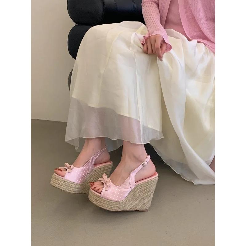 Aneikeh Summer Thick Soled Grass Woven High Heels Casual Retro Roman Sandals Polka Butterfly-kont Wedge Platform Woman Sandals