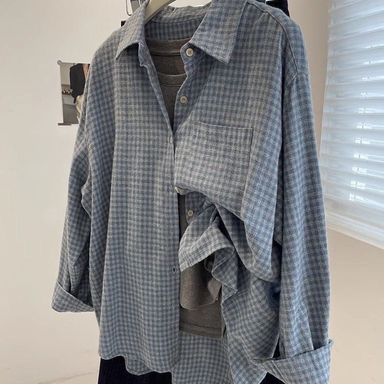 

Retro Women s Checkered Shirt Long Sleeved Loose Shirt Spring and Autumn Top Shirt 3XL