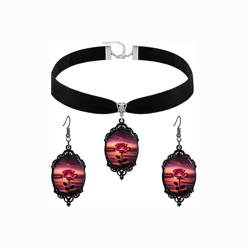 Retro Oil Painting Rose Floral Necklace & Earring Set