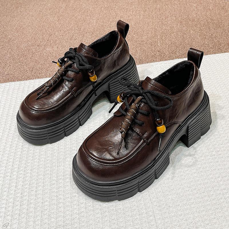 Women's leather shoes 2026 new autumn and winter thick heeled black small leather shoes versatile thick soled loafers for women