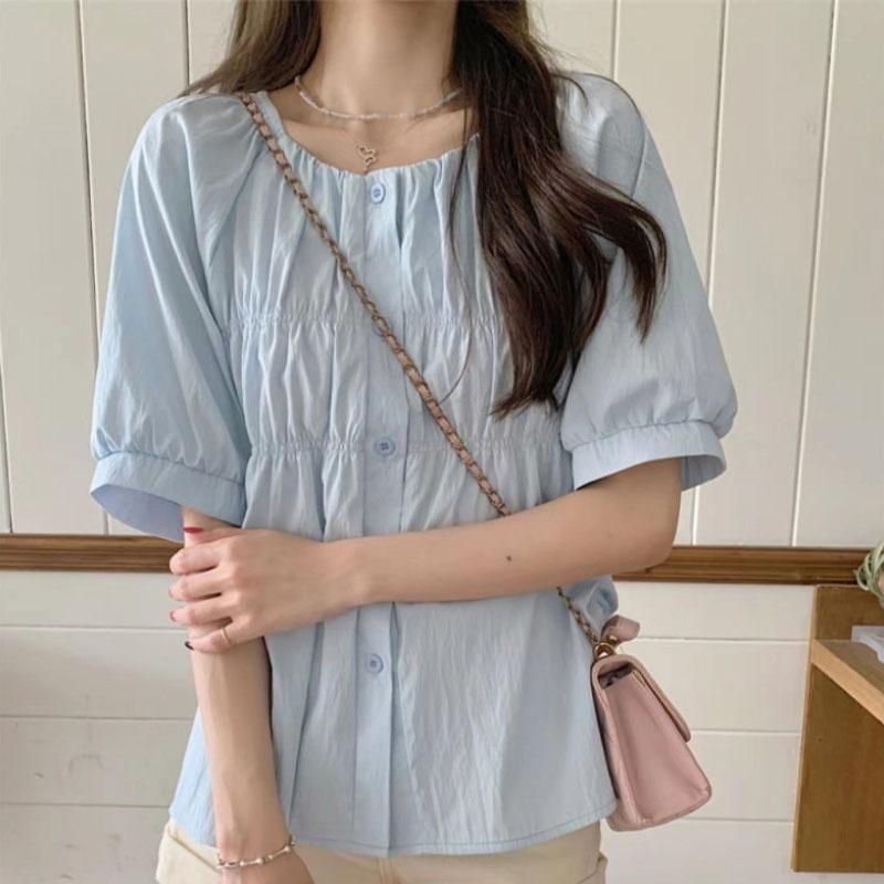 Summer French Versatile Solid Color Round Neck Short Sleeve Shirt Puff Sleeve Pleated Loose Women