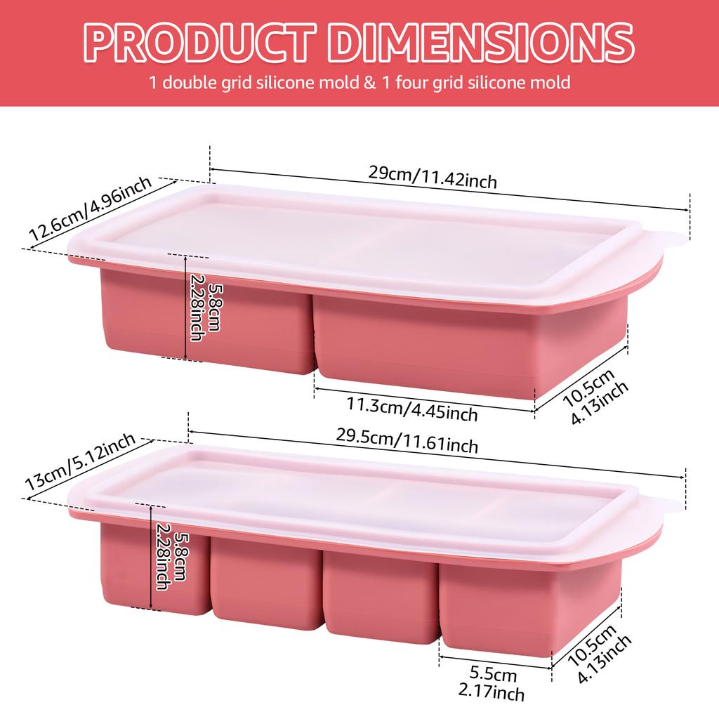 2 Pcs Silicone Freezer Tray 2/4 Grids Ice Cube Mold Set with Lids Soup Freezer Container Mold Ice Cube Trays for Soup Meal Prep