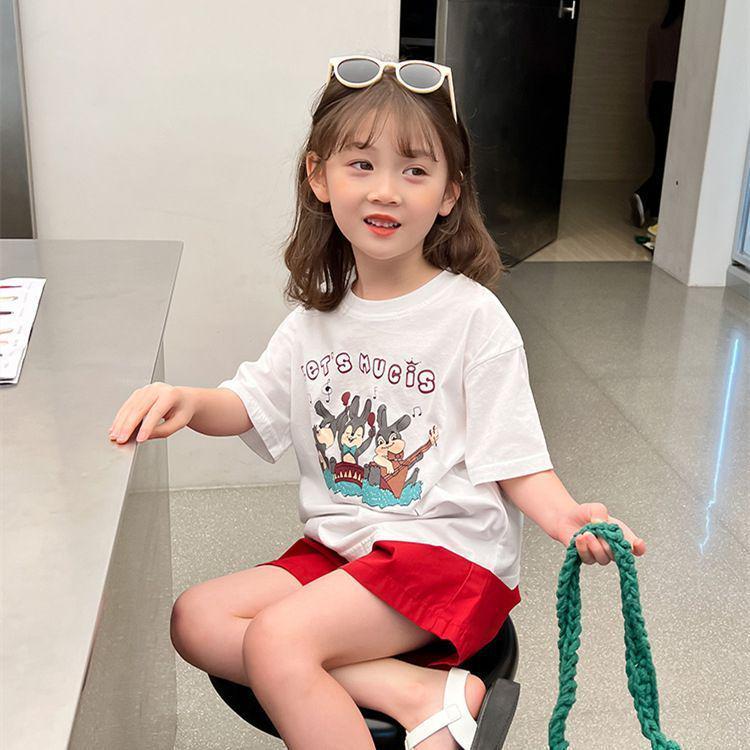 2026 New Cartoon Print Korean-Style Girls Summer Casual Two-Piece Set: Short Sleeve Top & Shorts 120 cm