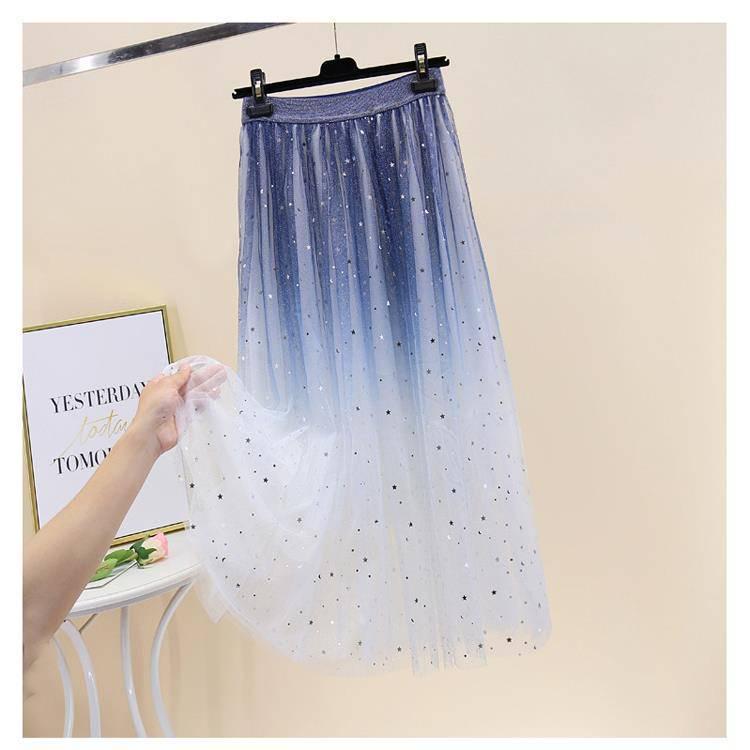 Spring Summer Skirts Women Long Tulle Skirt Sequined Pleated A Line Midi Skirt Chic High Waist Skirt