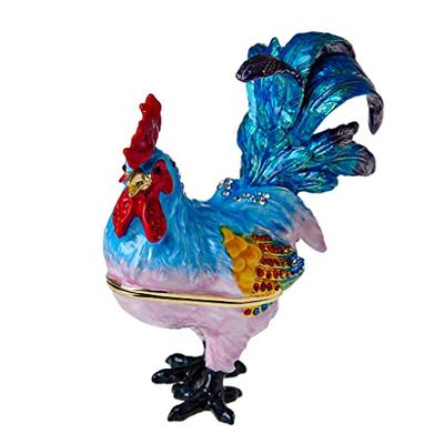 FJ FENGZHIJIE Hinged Blue Rooster Trinket Box | Golden Jewel Enamel Chicken Figurine | Home Decor & Gifts