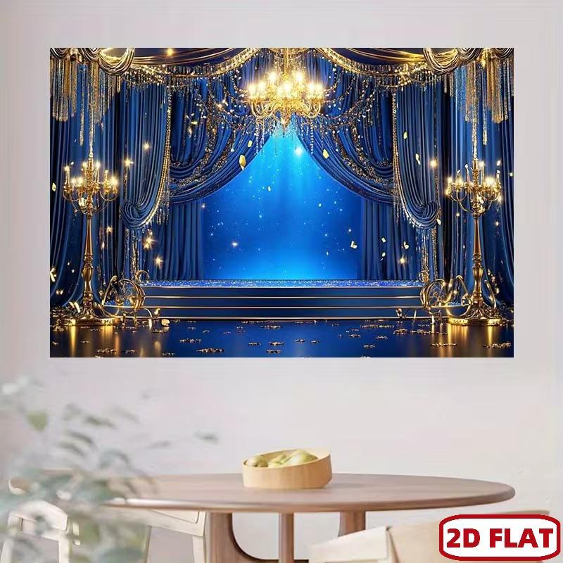 2D Blue Gold Curtain Backdrop with Chandelier for Photography