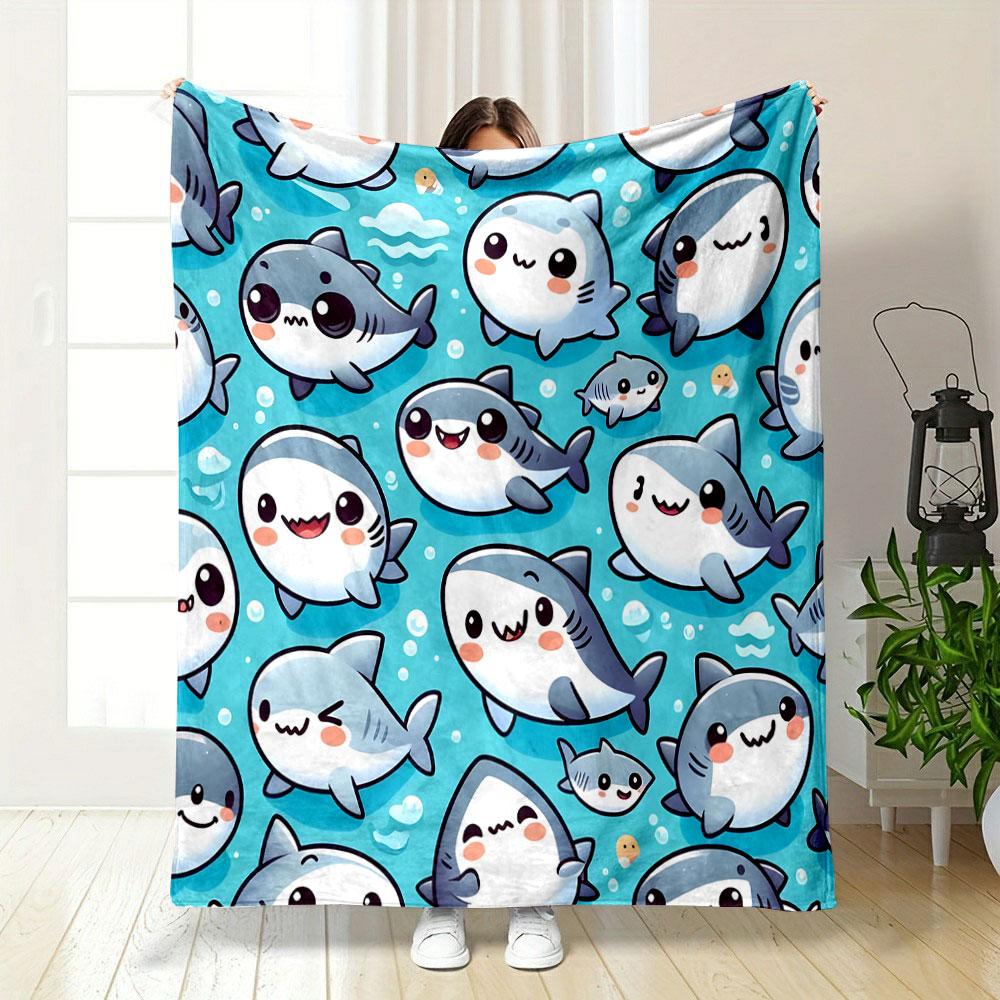 Cute Cartoon Sharks on Blue Background Patterned blanket, flannel, suitable for all seasons, home decor, warm and cozy