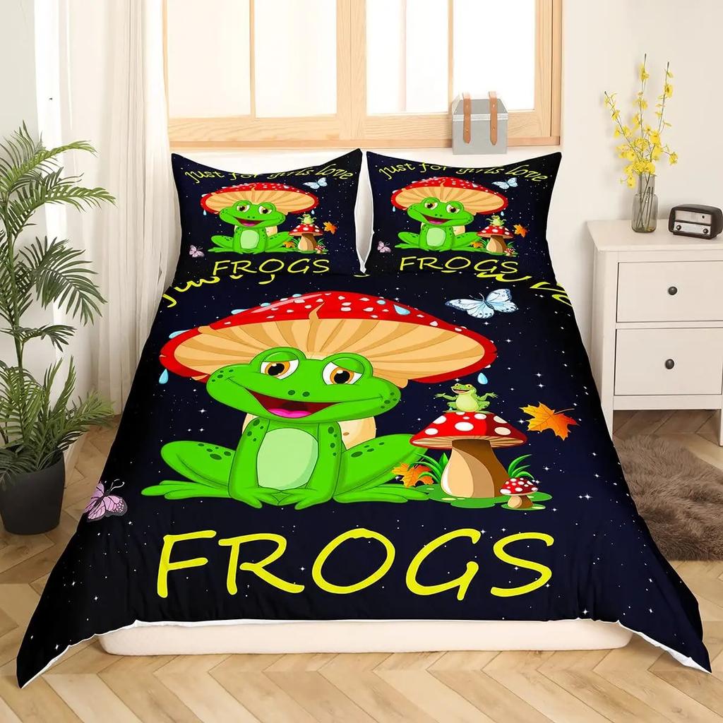 Cartoon Frog Duvet Cover Set Light Green Cartoon Frogs Cute Dragonfly Animal Bedding Set for Kid Twin Size Polyester Quilt Cover