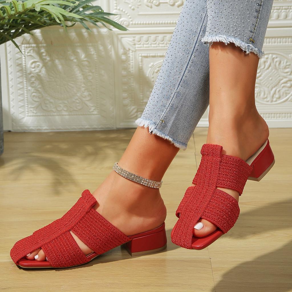 Fashion Women's Chunky Heeled Sandals, Fashion Square Open Toe Slip on Heels, Elegant Wedding White Sandals