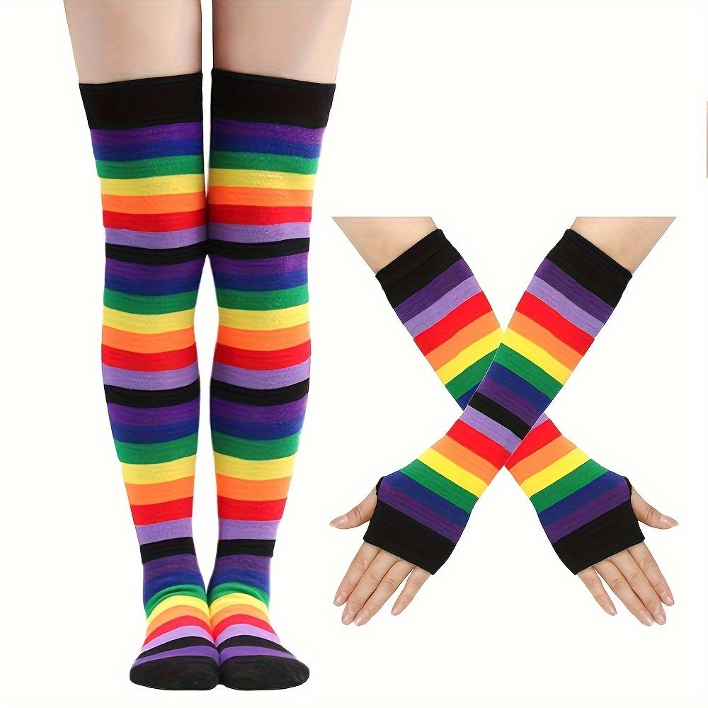 Радужные длинные чулки Высокие чулки Чулки выше колена Женские разноцветные полосатые перчатки Трансграничный реквизит для вечеринок One-size