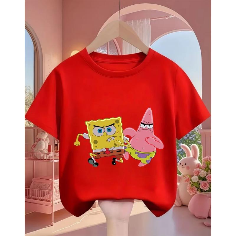 Street SpongeBob SquarePants Casual T Shirt 3-14Y Boys Girls Summer Cute Kawaii Fashion Hot Cartoon Crew Neck Kids