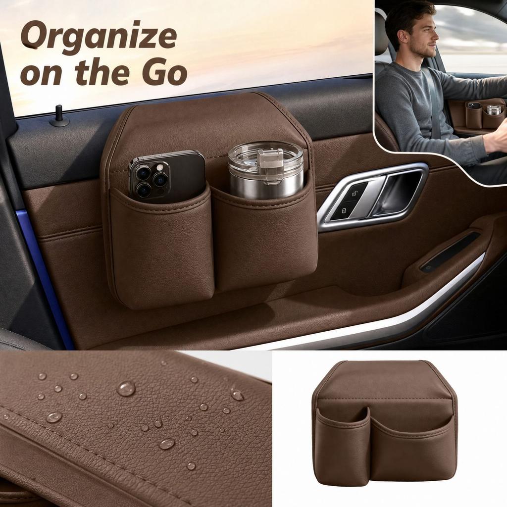 Car Door Storage Box with Cup Holder and Phone Pocket, Multifunctional Vehicle for Beverages and Small Accessories