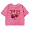 Red Cherries Letter Printed Female T-shirt Fashion Summer Washed Clothing Cotton Crop Top Retro Tee Shirts