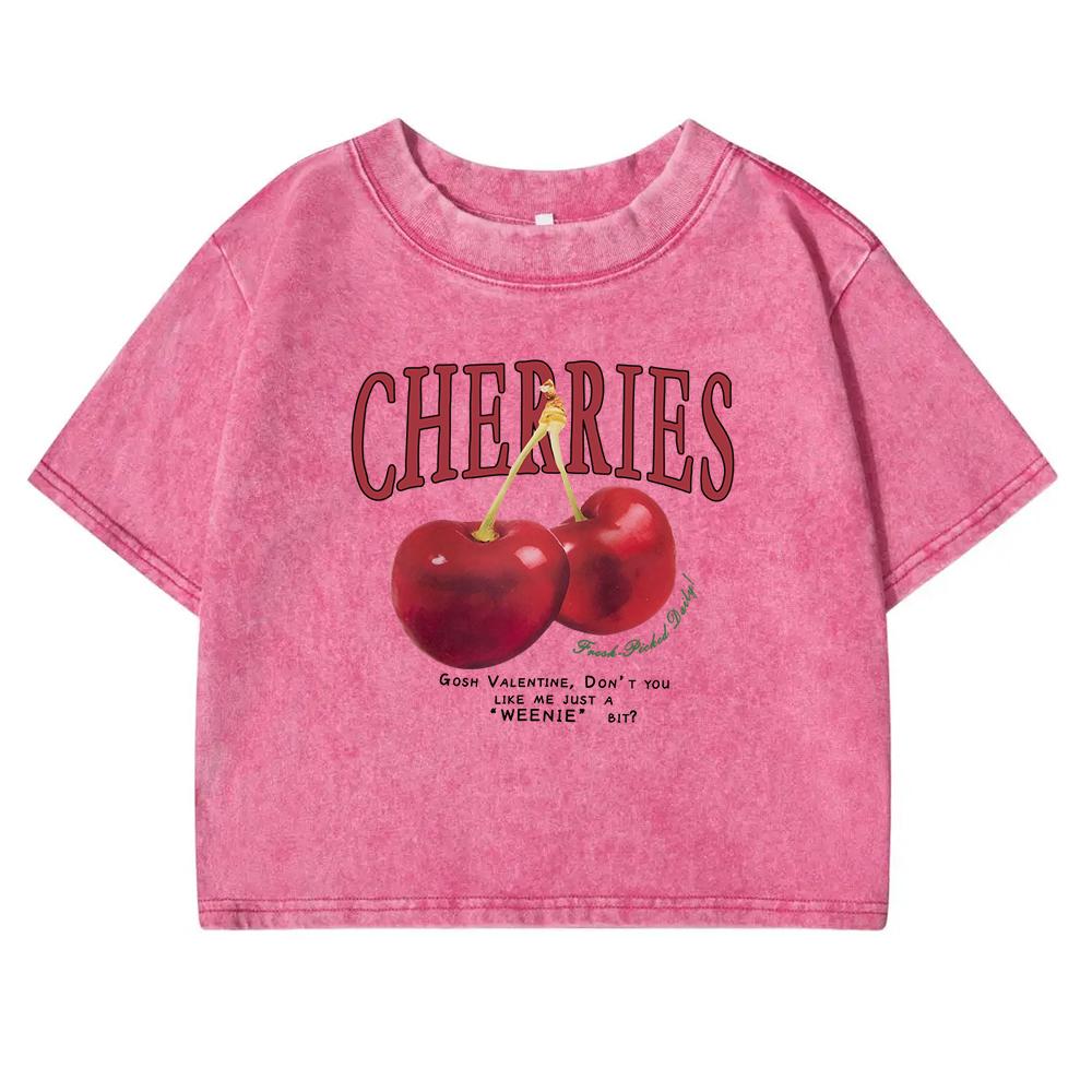 Red Cherries Letter Printed Female T-shirt Fashion Summer Washed Clothing Cotton Crop Top Retro Tee Shirts