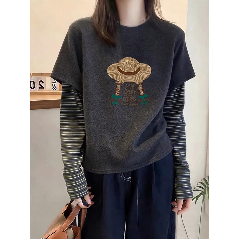 Women's Striped Long-Sleeve Faux Two-Piece Thickened Top for Spring, Autumn, Winter 2026