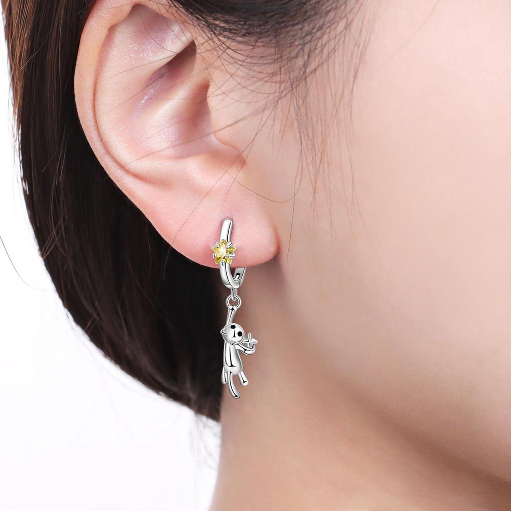 White Copper Star Cat Ear Hoop Earrings - Original High-End Design for Women