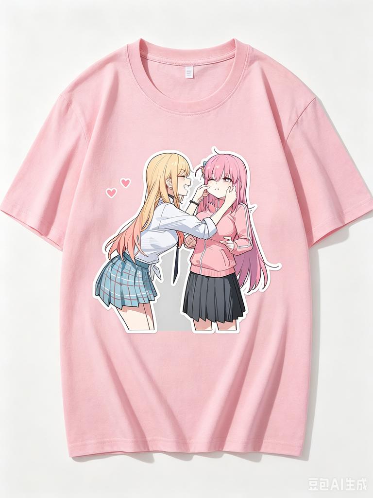 2026 New Unisex Crew Neck Casual Short Sleeve Cross Anime Print of Marin Kitagawa and Hitori Gotoh Pinching Cheeks TShirt