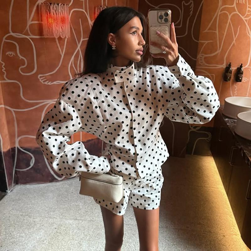2 Piece Sets Polka Dots Print Suits Women Commute Long Sleeve Coat Female Shorts Sets Casual 2 Piece-Set Shorts Outfits 2026 Spring