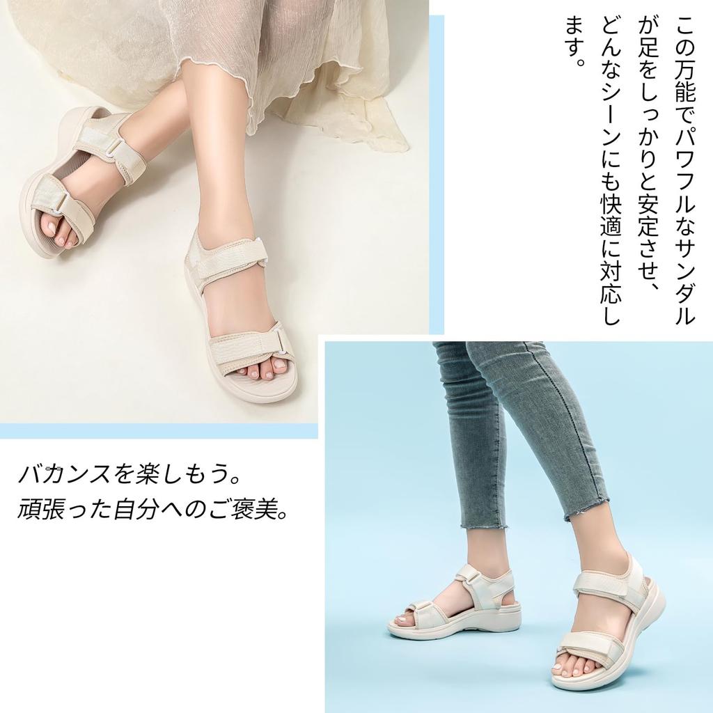 Velcro Sport Comfortable for Summer Outdoor Water and Land 2 Cream [SOARHOPE] Women's Sandals, Sandals, Walking, Lightweight, Leg-Lengthening,