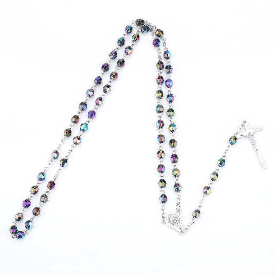 Rosary Necklace Jesus Christ Cross Statement Pendants Necklaces Acrylic Beads Long Chain Colar Religious Party Christian Zircon