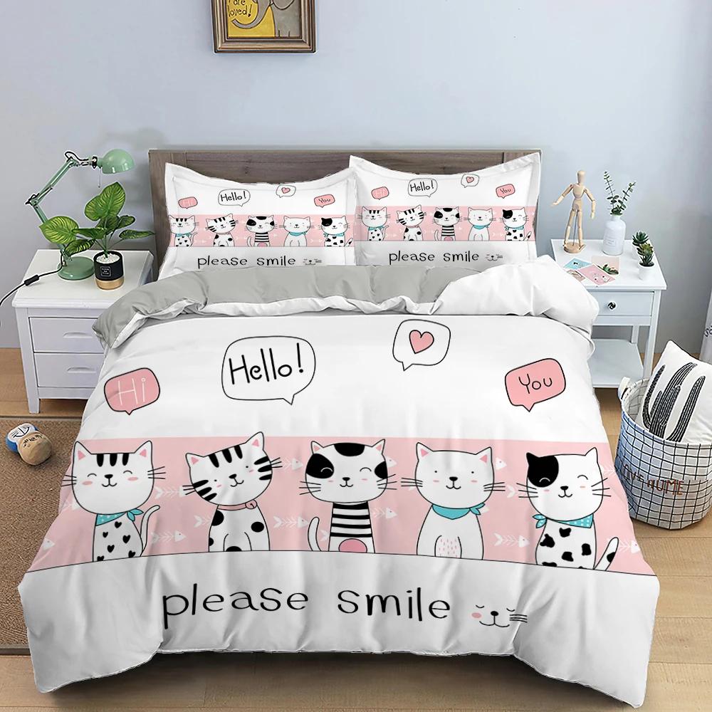 Sevimli Evcil Kediler Yatak Takımı Karikatür Yavru Kedi Baskılı Yorgan Kılıfı Yastık Kılıfı Kız İkiz Tam King Çift Kişilik Polyester Yorgan Kılıfı