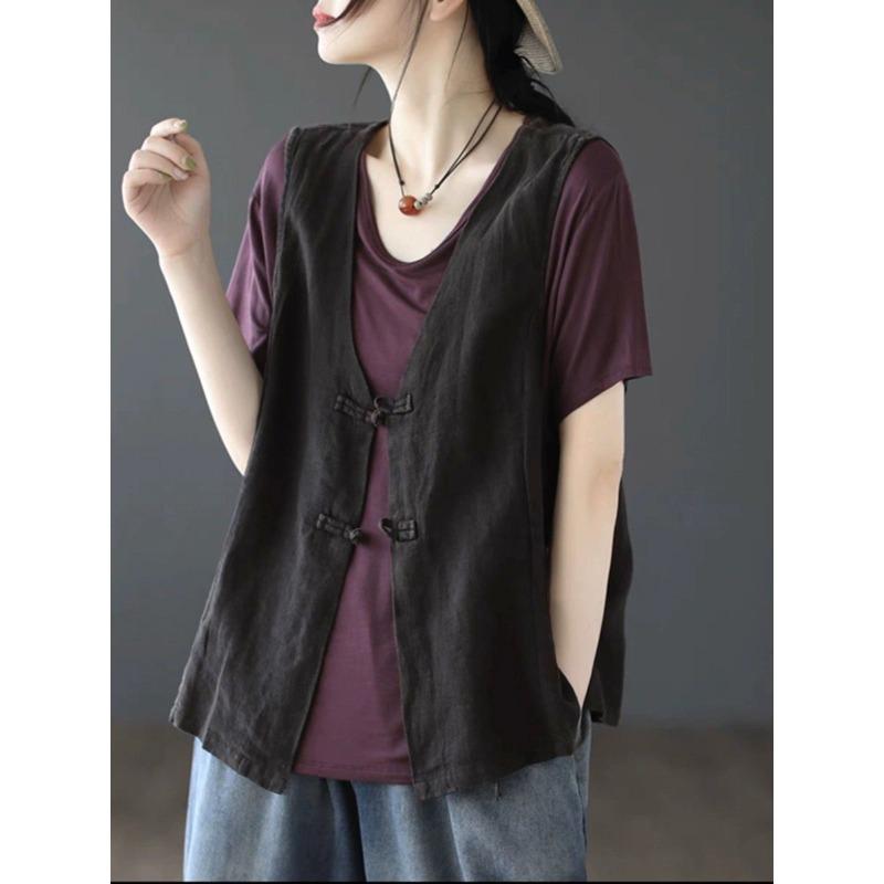 Summer Women's Linen Vest V Neck Frog Button Sleeveless Casual Top