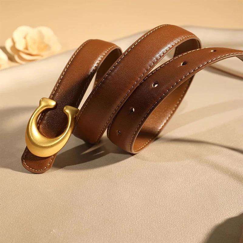 Fashion Designer Women's Belt 2.3CM Genuine Leather Belt Alphabet Gold Buckle Ultra Thin Belt For All Occasions