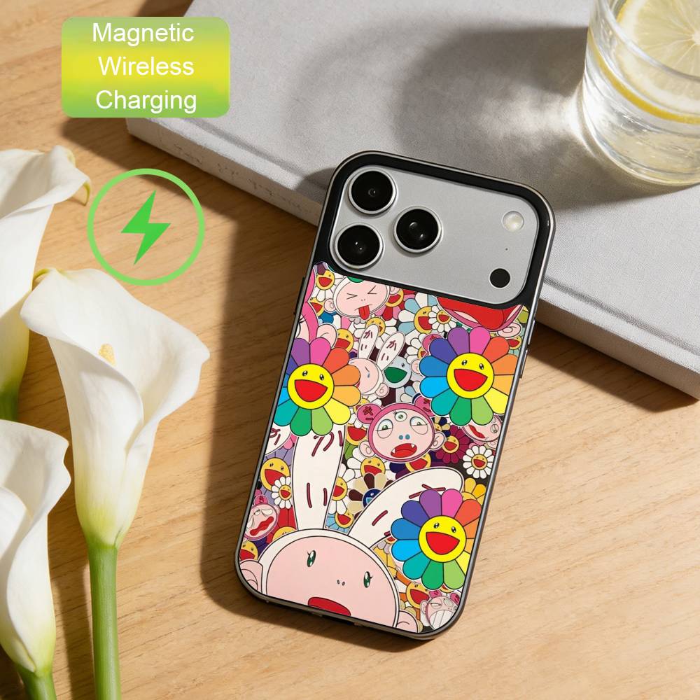 

Яркий Поп-Тренд Чехол для Телефона с Артом M-MurakamiS Для iPhone17,16,15,14,13,12,11 Max Черный Защитный Чехол с Беспроводной Зарядкой iPhone17Promax