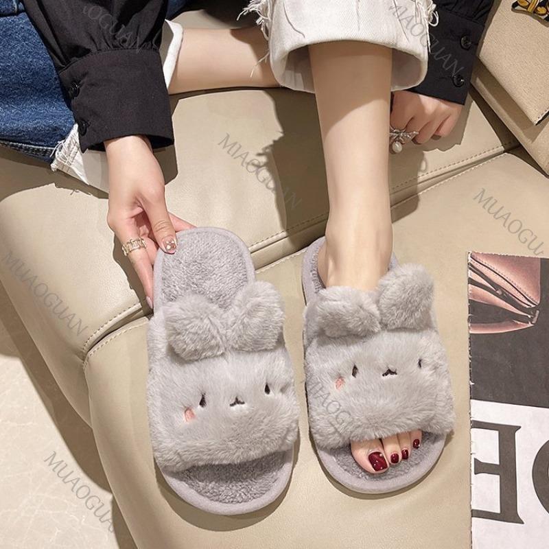 Fashion 2025 Autumn New Home Cartoon Rabbit Cotton Slippers Female Flat Bottom Plush Solid Color Soft Indoor Slides Casual Women's Shoes