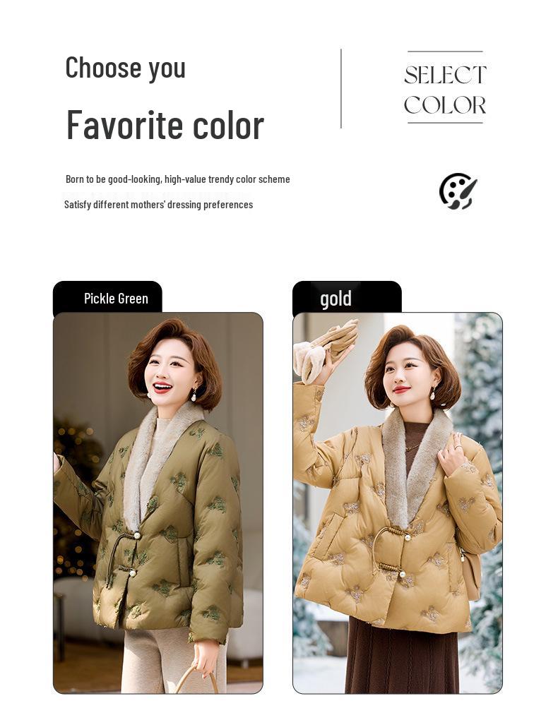 New Arrival: Embroidered Patchwork Down Jacket with Fur Collar for Middle-Aged & Elderly Mothers - Chinese Style Winter Outerwear