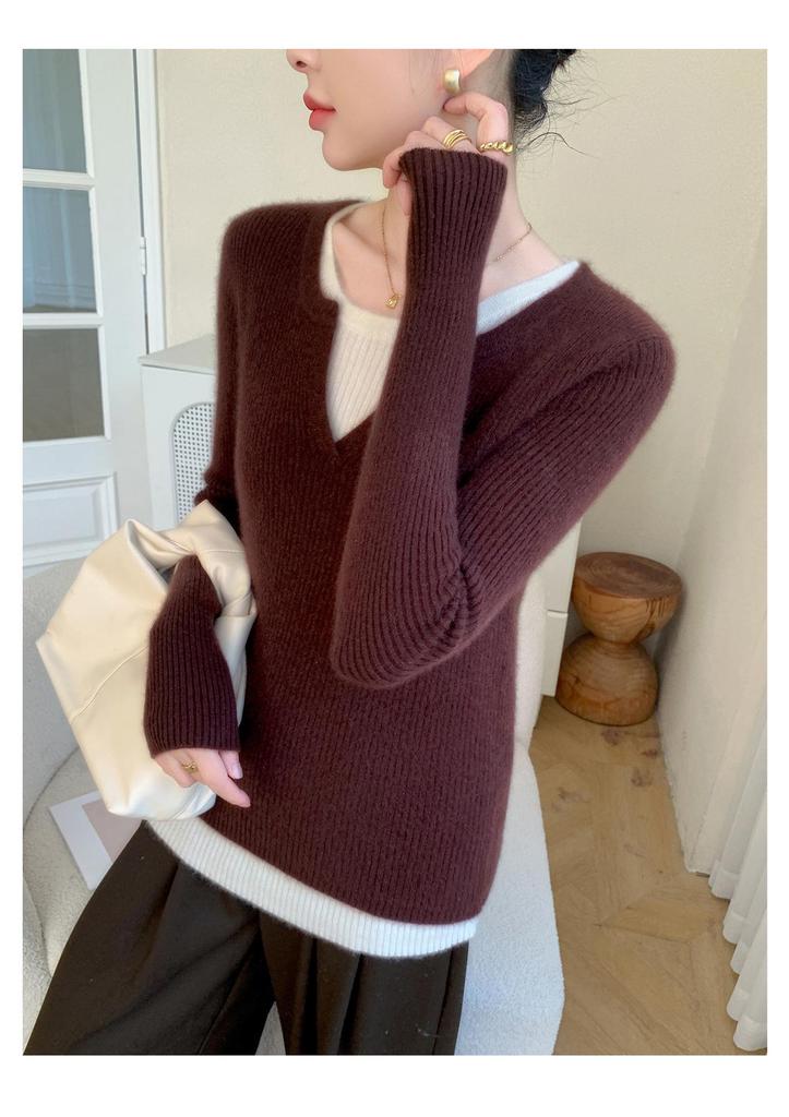 Double-Layer Striped Cashmere Knit Sweater with Mixed Neckline for Ladies