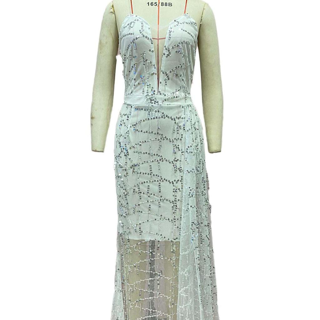 2026 Summer Gorgeous Women's Dress: Strappy, Sexy V-Neck with Silver Foil and Dazzling Sequins for Evening Glamour